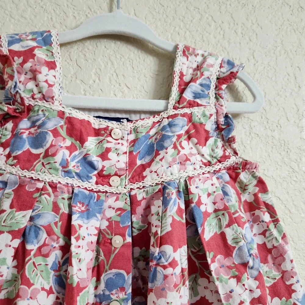 Ralph Lauren Size 24 Months Kid Red Floral Falmouth 100% Cotton Lace Trim Ruffle